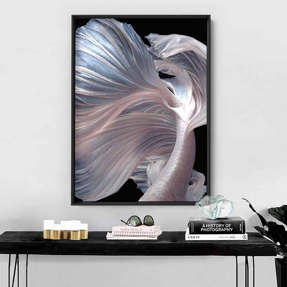 Japanese White I Betta Fighting Fish - Art Print, Poster, Stretched Canvas or Framed Wall Art, shown framed in a room