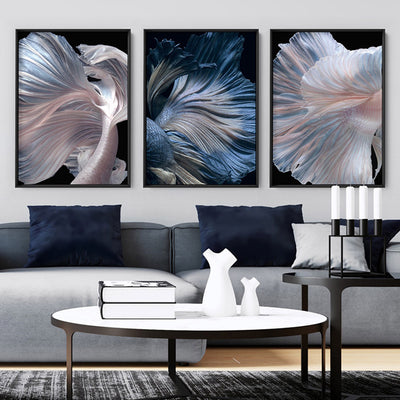 Japanese White I Betta Fighting Fish - Art Print, Poster, Stretched Canvas or Framed Wall Art, shown framed in a home interior space