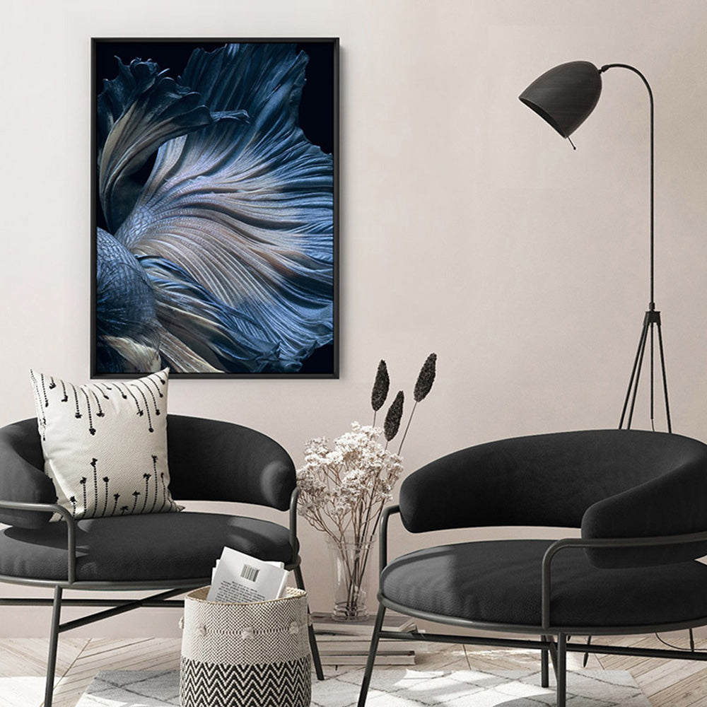 Japanese Blue Betta Fighting Fish - Art Print, Poster, Stretched Canvas or Framed Wall Art Prints, shown framed in a room