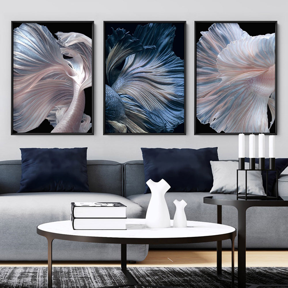 Japanese Blue Betta Fighting Fish - Art Print, Poster, Stretched Canvas or Framed Wall Art, shown framed in a home interior space