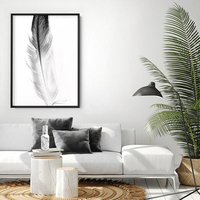 Feather Black & White I - Art Print, Poster, Stretched Canvas or Framed Wall Art, shown framed in a room