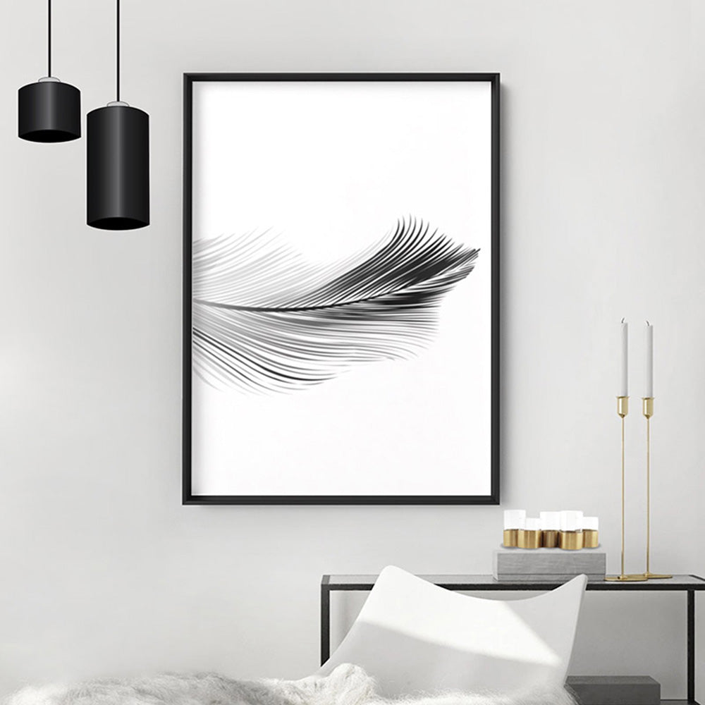 Feather Black & White II - Art Print, Poster, Stretched Canvas or Framed Wall Art, shown framed in a room