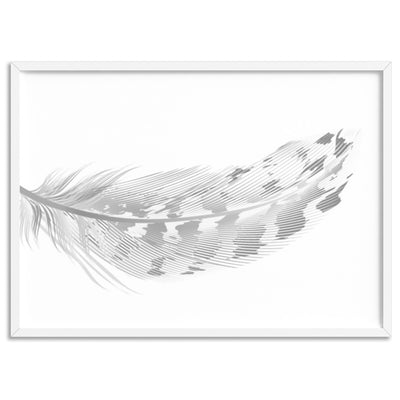 Speckled Feather Black & White - Art Print, Poster, Stretched Canvas, or Framed Wall Art Print, shown in a white frame