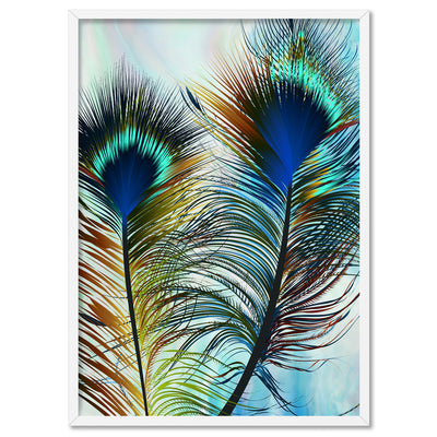 Peacock Feathers - Art Print, Poster, Stretched Canvas, or Framed Wall Art Print, shown in a white frame