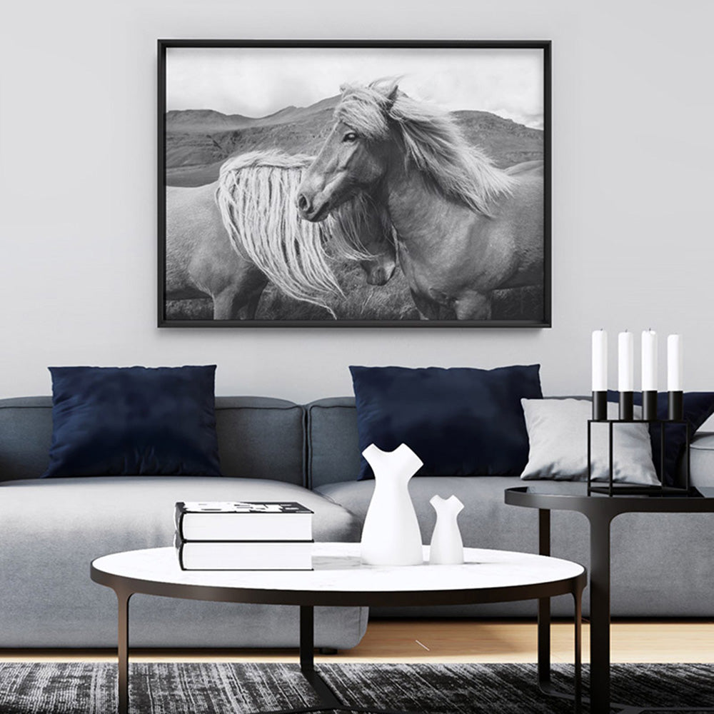 Horses Embrace in B&W - Art Print, Poster, Stretched Canvas or Framed Wall Art Prints, shown framed in a room