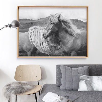 Horses Embrace in B&W - Art Print, Poster, Stretched Canvas or Framed Wall Art, shown framed in a home interior space