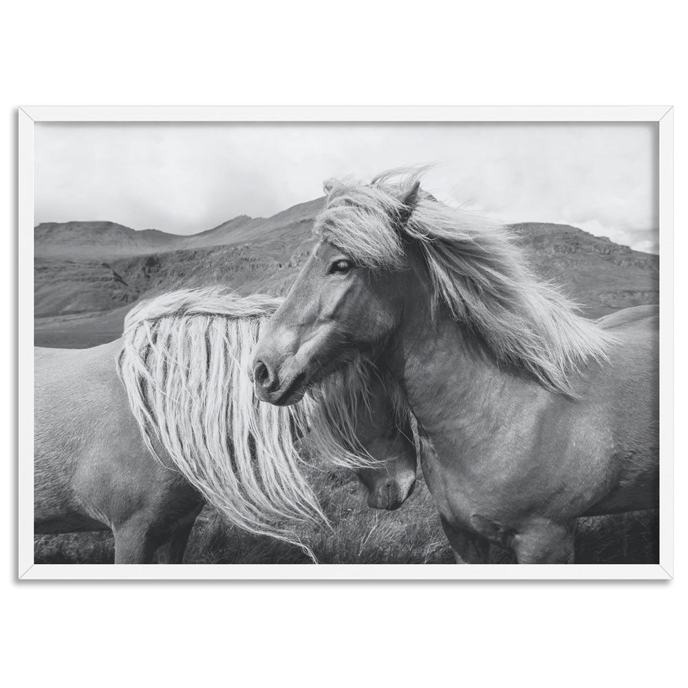 Horses Embrace in B&W - Art Print, Poster, Stretched Canvas, or Framed Wall Art Print, shown in a white frame