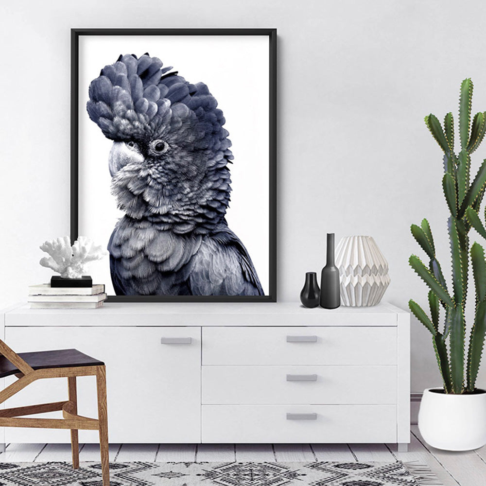 Black Cockatoo (Indigo & black) - Art Print, Poster, Stretched Canvas or Framed Wall Art Prints, shown framed in a room