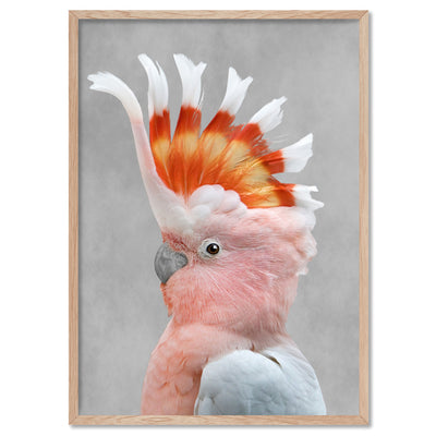 Pink Cockatoo - Art Print, Poster, Stretched Canvas, or Framed Wall Art Print, shown in a natural timber frame