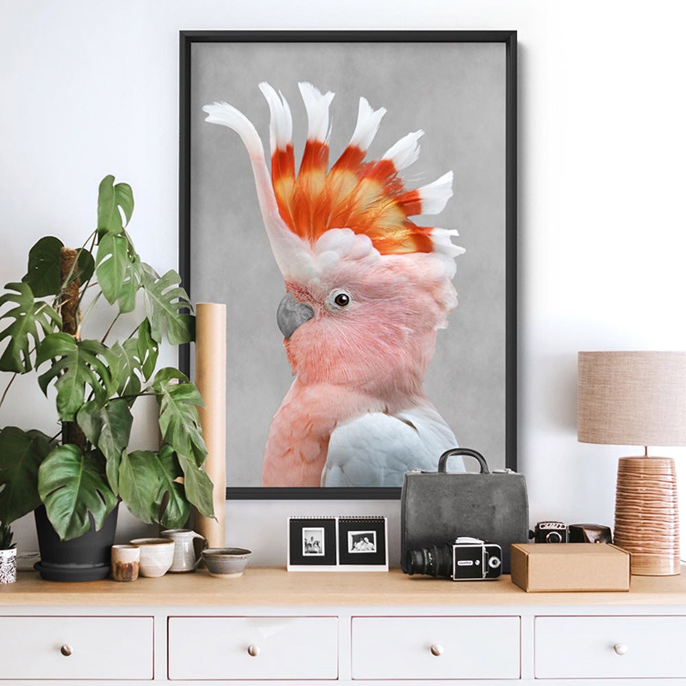Pink Cockatoo - Art Print, Poster, Stretched Canvas or Framed Wall Art, shown framed in a room