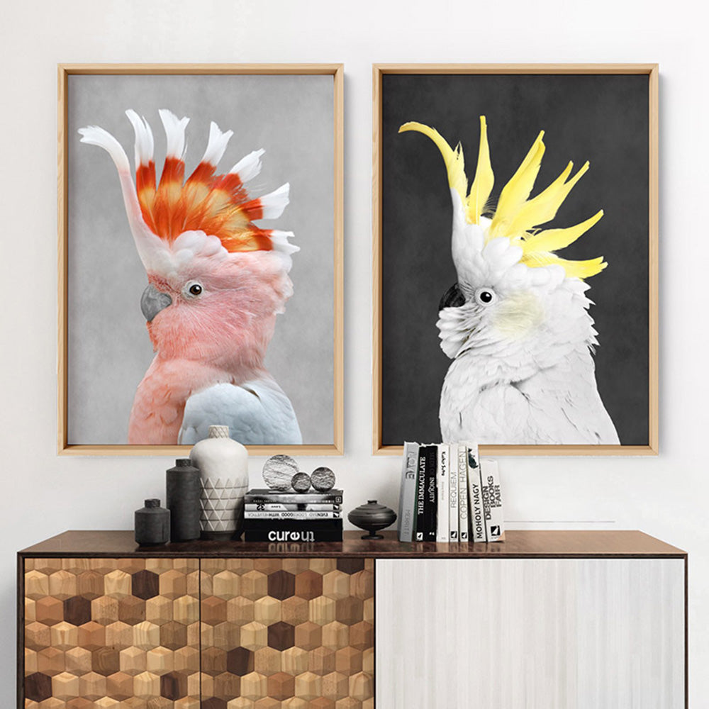 Pink Cockatoo - Art Print, Poster, Stretched Canvas or Framed Wall Art, shown framed in a home interior space
