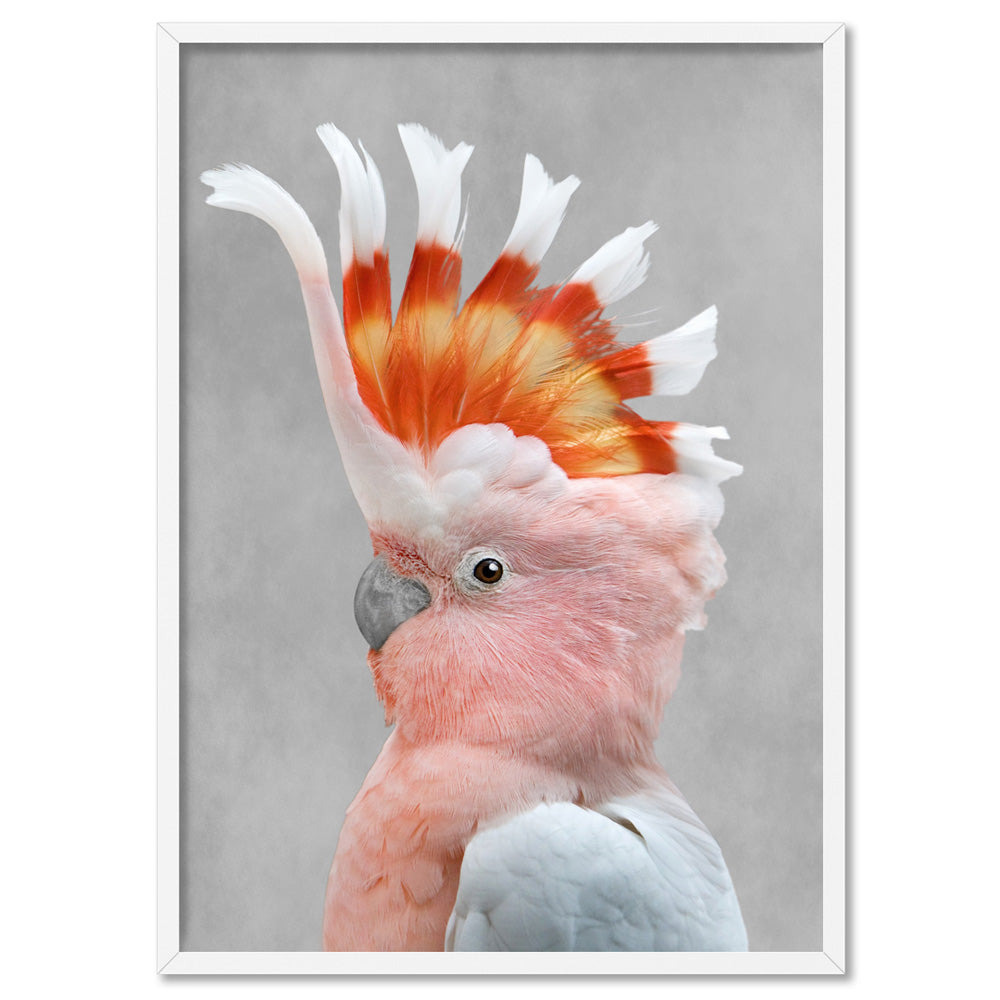 Pink Cockatoo - Art Print, Poster, Stretched Canvas, or Framed Wall Art Print, shown in a white frame