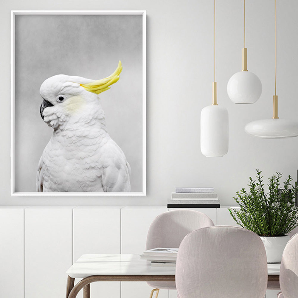 White Sulphur Crested Cockatoo I - Art Print, Poster, Stretched Canvas or Framed Wall Art Prints, shown framed in a room