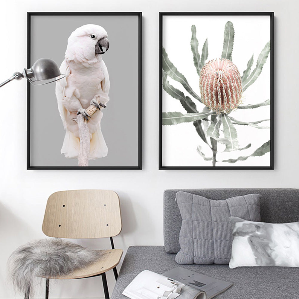 Salmon Crested Cockatoo - Art Print, Poster, Stretched Canvas or Framed Wall Art, shown framed in a home interior space