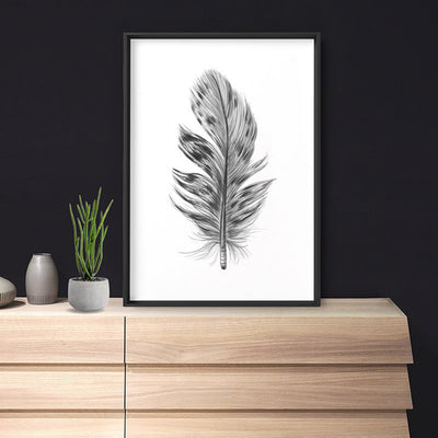Feather Black & White IV- Art Print, Poster, Stretched Canvas or Framed Wall Art, shown framed in a room