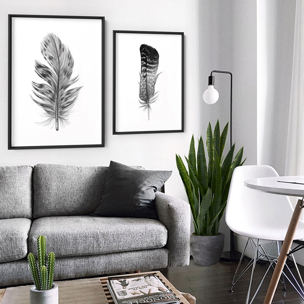 Feather Black & White IV- Art Print, Poster, Stretched Canvas or Framed Wall Art, shown framed in a home interior space