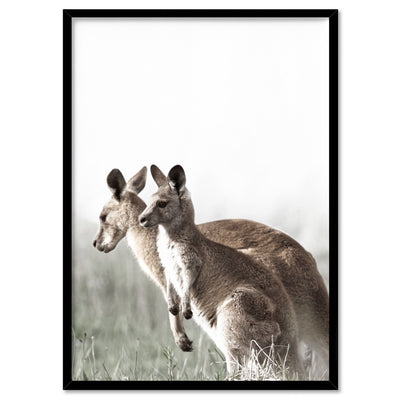 Kangaroo Mother and Baby Joey - Art Print, Poster, Stretched Canvas, or Framed Wall Art Print, shown in a black frame