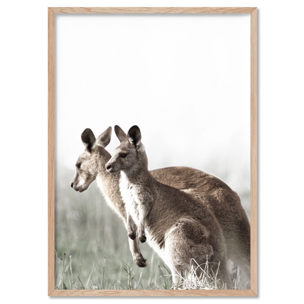 Kangaroo Mother and Baby Joey - Art Print, Poster, Stretched Canvas, or Framed Wall Art Print, shown in a natural timber frame