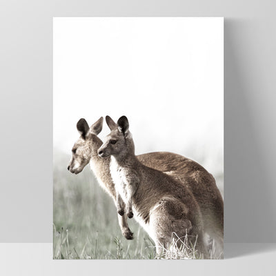 Kangaroo Mother and Baby Joey - Art Print, Poster, Stretched Canvas, or Framed Wall Art Print, shown as a stretched canvas or poster without a frame