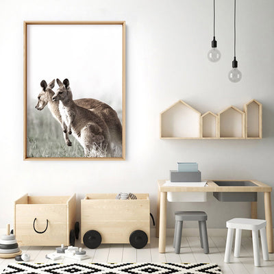 Kangaroo Mother and Baby Joey - Art Print, Poster, Stretched Canvas or Framed Wall Art, shown framed in a room