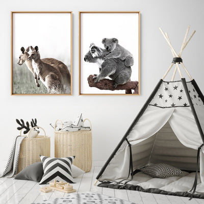 Kangaroo Mother and Baby Joey - Art Print, Poster, Stretched Canvas or Framed Wall Art, shown framed in a home interior space