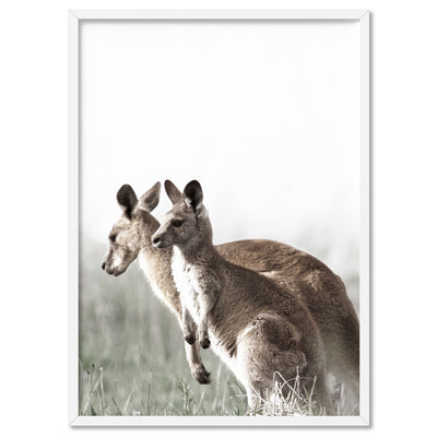Kangaroo Mother and Baby Joey - Art Print, Poster, Stretched Canvas, or Framed Wall Art Print, shown in a white frame