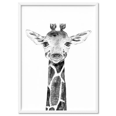 Giraffe Baby Peek a Boo Animal - Art Print, Poster, Stretched Canvas, or Framed Wall Art Print, shown in a white frame