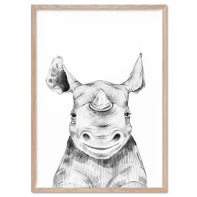 Rhino Baby Peek a Boo Animal - Art Print, Poster, Stretched Canvas, or Framed Wall Art Print, shown in a natural timber frame