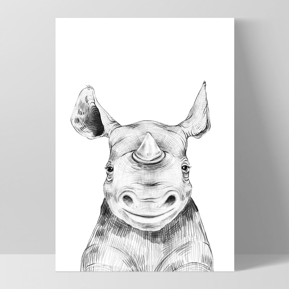 Rhino Baby Peek a Boo Animal - Art Print, Poster, Stretched Canvas, or Framed Wall Art Print, shown as a stretched canvas or poster without a frame