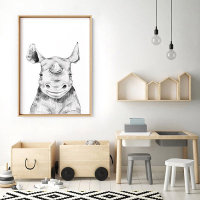Rhino Baby Peek a Boo Animal - Art Print, Poster, Stretched Canvas or Framed Wall Art, shown framed in a room