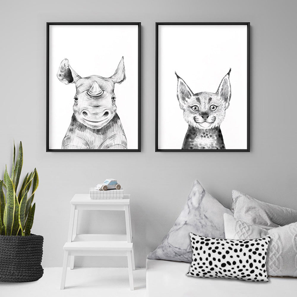 Rhino Baby Peek a Boo Animal - Art Print, Poster, Stretched Canvas or Framed Wall Art, shown framed in a home interior space
