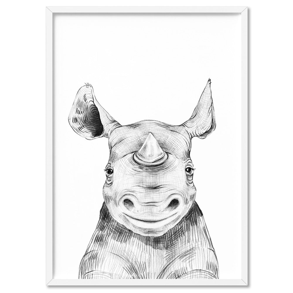 Rhino Baby Peek a Boo Animal - Art Print, Poster, Stretched Canvas, or Framed Wall Art Print, shown in a white frame
