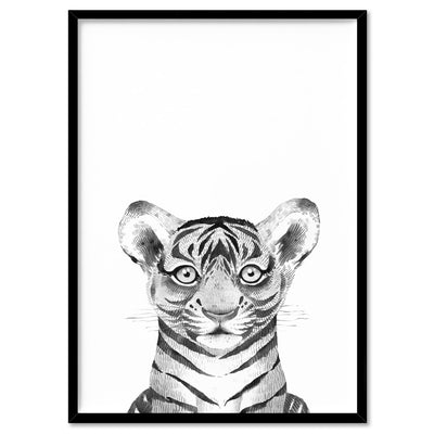 Tiger Baby Peek a Boo Animal - Art Print, Poster, Stretched Canvas, or Framed Wall Art Print, shown in a black frame
