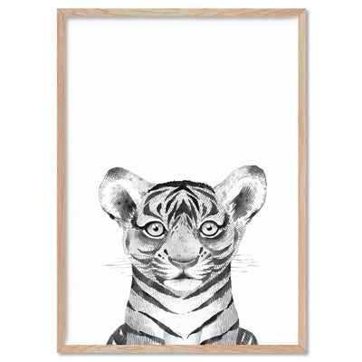 Tiger Baby Peek a Boo Animal - Art Print, Poster, Stretched Canvas, or Framed Wall Art Print, shown in a natural timber frame