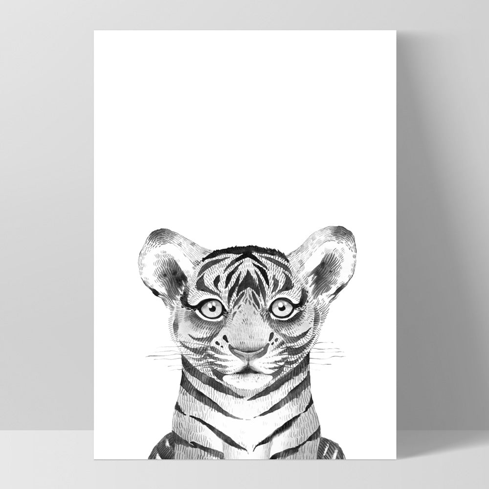 Tiger Baby Peek a Boo Animal - Art Print, Poster, Stretched Canvas, or Framed Wall Art Print, shown as a stretched canvas or poster without a frame