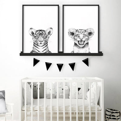Tiger Baby Peek a Boo Animal - Art Print, Poster, Stretched Canvas or Framed Wall Art, shown framed in a home interior space