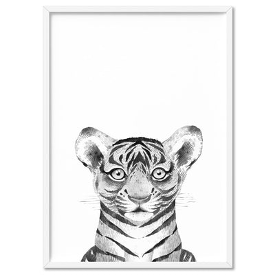 Tiger Baby Peek a Boo Animal - Art Print, Poster, Stretched Canvas, or Framed Wall Art Print, shown in a white frame