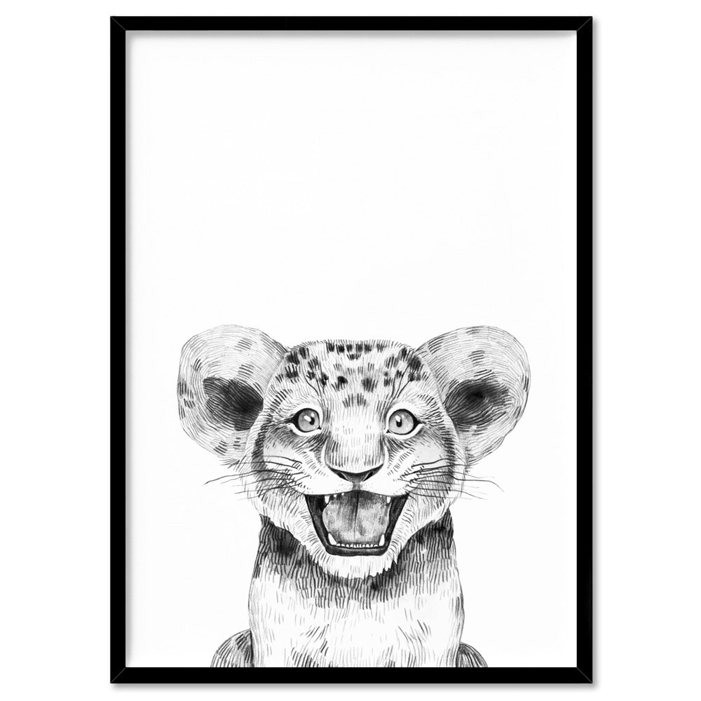 Lion Baby Peek a Boo Animal - Art Print, Poster, Stretched Canvas, or Framed Wall Art Print, shown in a black frame