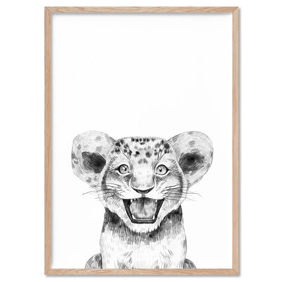 Lion Baby Peek a Boo Animal - Art Print, Poster, Stretched Canvas, or Framed Wall Art Print, shown in a natural timber frame