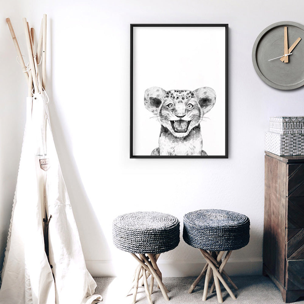 Lion Baby Peek a Boo Animal - Art Print, Poster, Stretched Canvas or Framed Wall Art, shown framed in a room