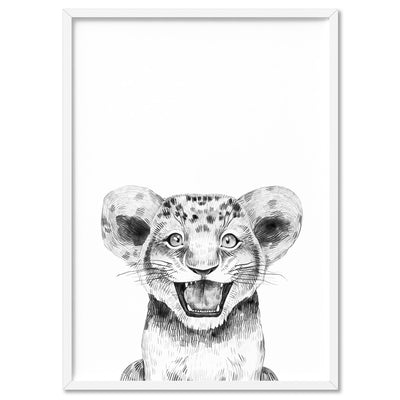 Lion Baby Peek a Boo Animal - Art Print, Poster, Stretched Canvas, or Framed Wall Art Print, shown in a white frame