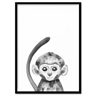 Monkey Baby Peek a Boo Animal - Art Print, Poster, Stretched Canvas, or Framed Wall Art Print, shown in a black frame