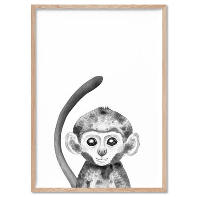 Monkey Baby Peek a Boo Animal - Art Print, Poster, Stretched Canvas, or Framed Wall Art Print, shown in a natural timber frame