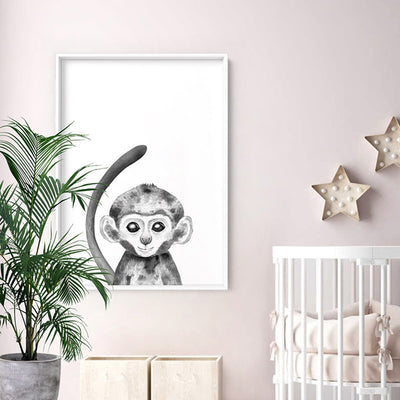 Monkey Baby Peek a Boo Animal - Art Print, Poster, Stretched Canvas or Framed Wall Art Prints, shown framed in a room