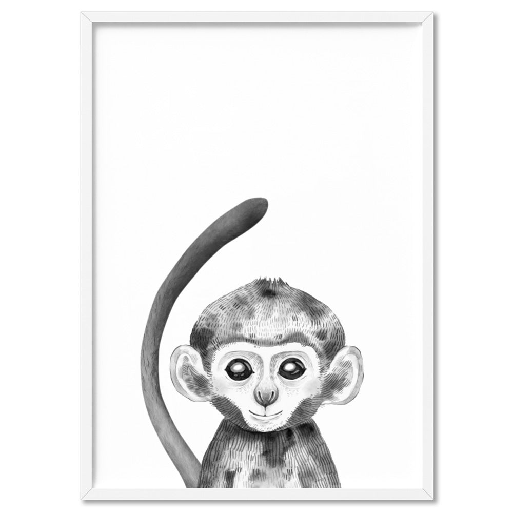 Monkey Baby Peek a Boo Animal - Art Print, Poster, Stretched Canvas, or Framed Wall Art Print, shown in a white frame