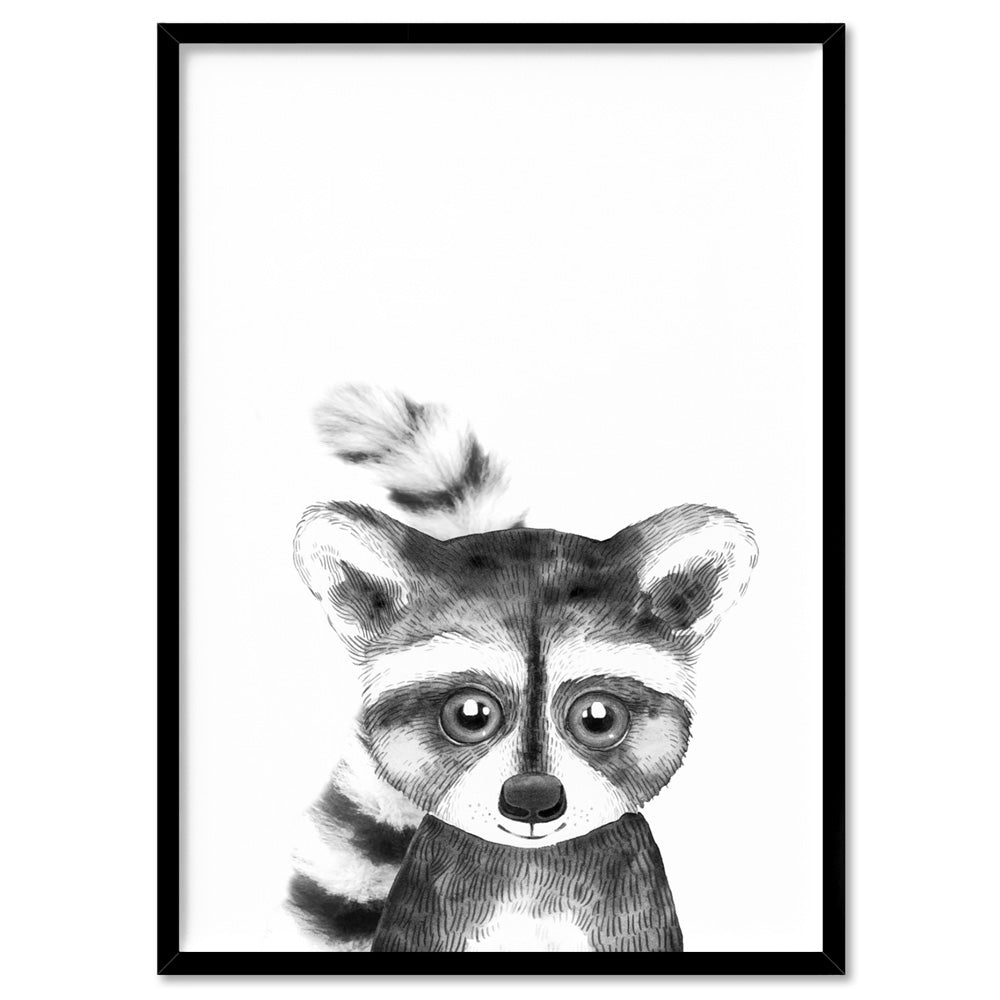 Raccoon Baby Peek a Boo Animal - Art Print, Poster, Stretched Canvas, or Framed Wall Art Print, shown in a black frame