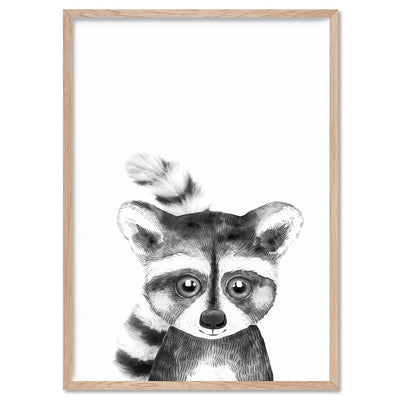 Raccoon Baby Peek a Boo Animal - Art Print, Poster, Stretched Canvas, or Framed Wall Art Print, shown in a natural timber frame