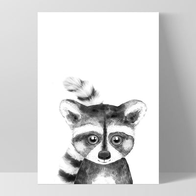 Raccoon Baby Peek a Boo Animal - Art Print, Poster, Stretched Canvas, or Framed Wall Art Print, shown as a stretched canvas or poster without a frame