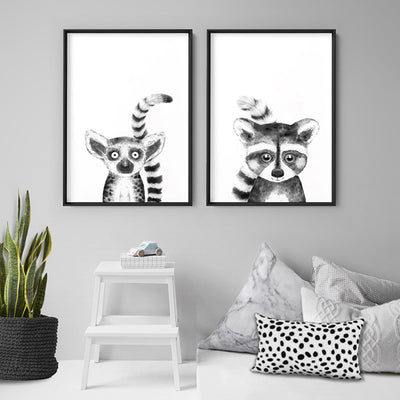 Raccoon Baby Peek a Boo Animal - Art Print, Poster, Stretched Canvas or Framed Wall Art, shown framed in a home interior space