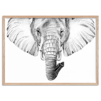 On Safari | Elephant Sketch - Art Print, Poster, Stretched Canvas, or Framed Wall Art Print, shown in a natural timber frame